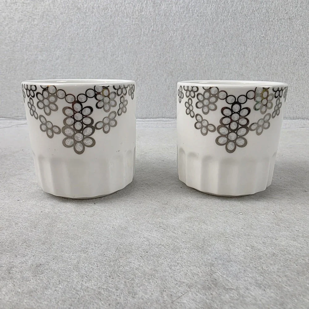 Teavana Fine Porcelain Tea Cups Set of 2 Silver Floral Handleless Discontinued
